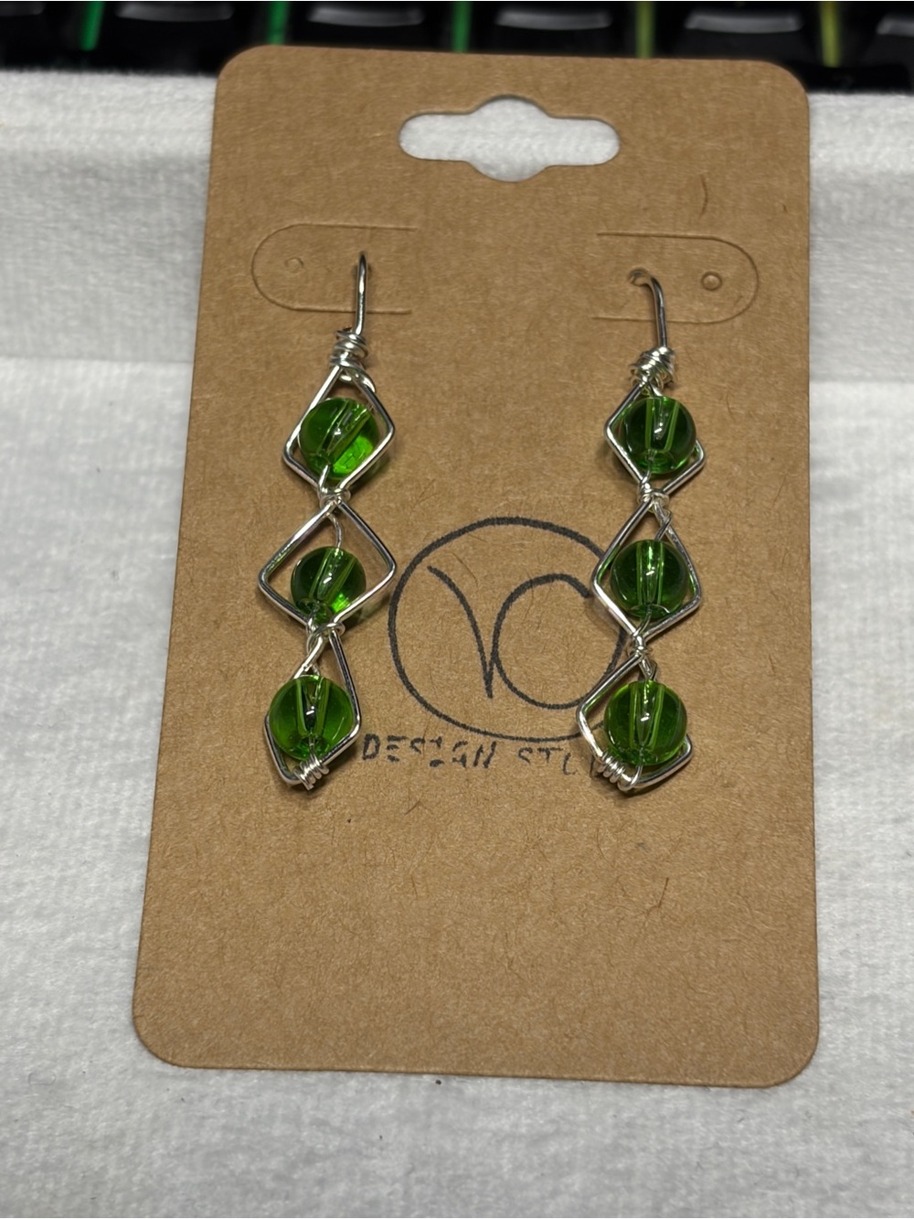 Green Bead Silver Wire Drop Earrings
